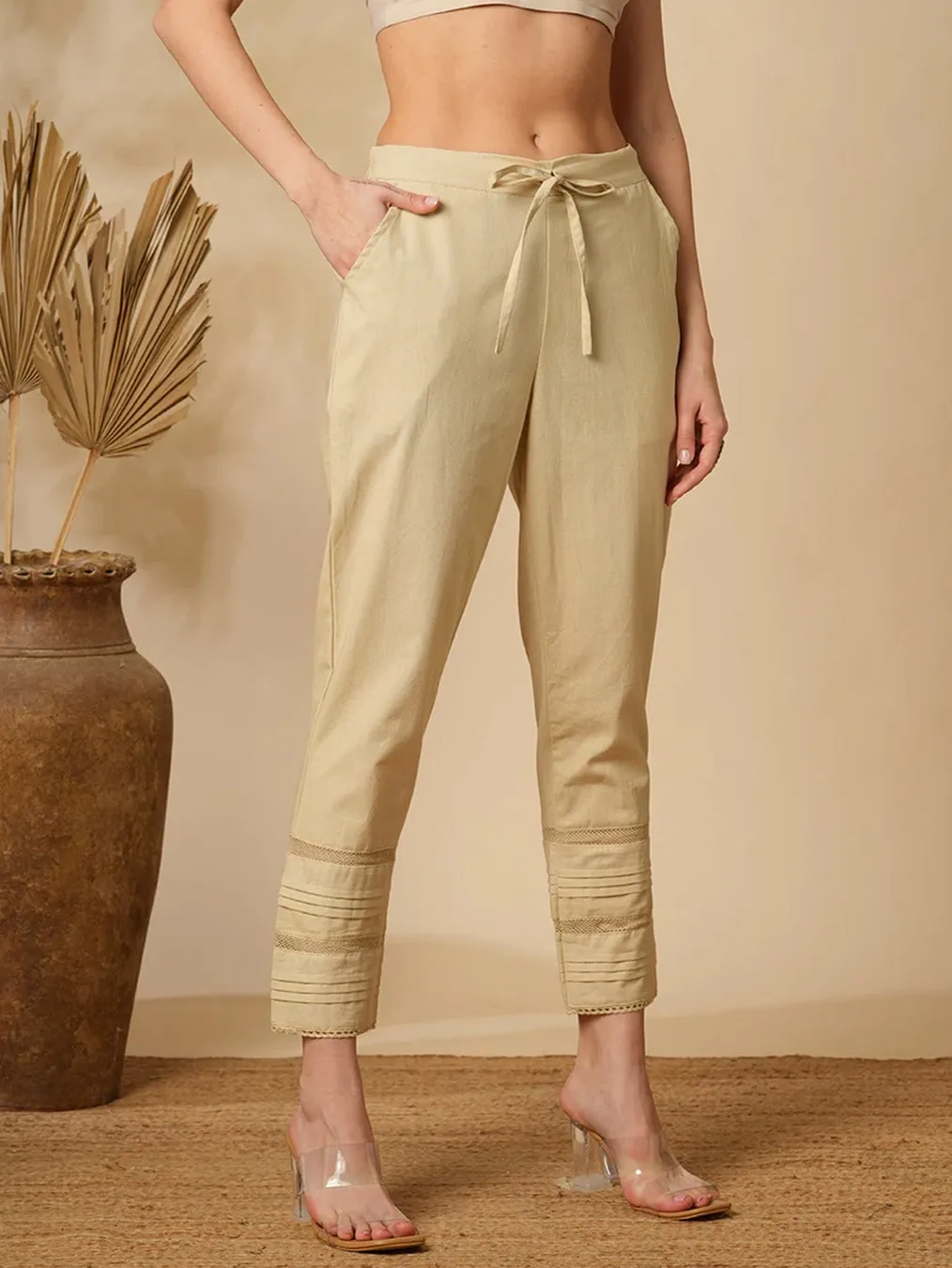 Beige Cotton Linen Straight Pants